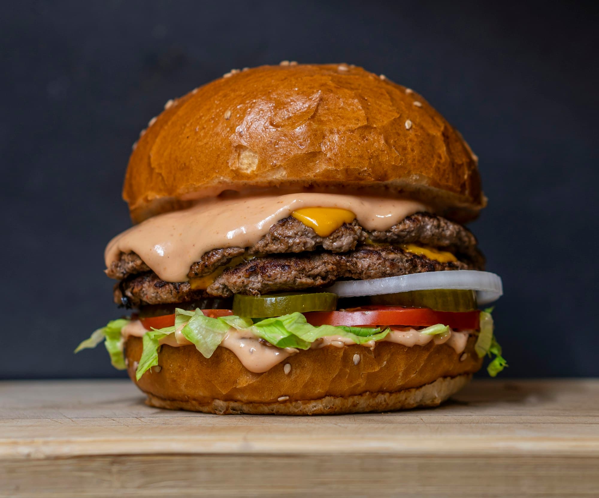 Burger on a wooden board